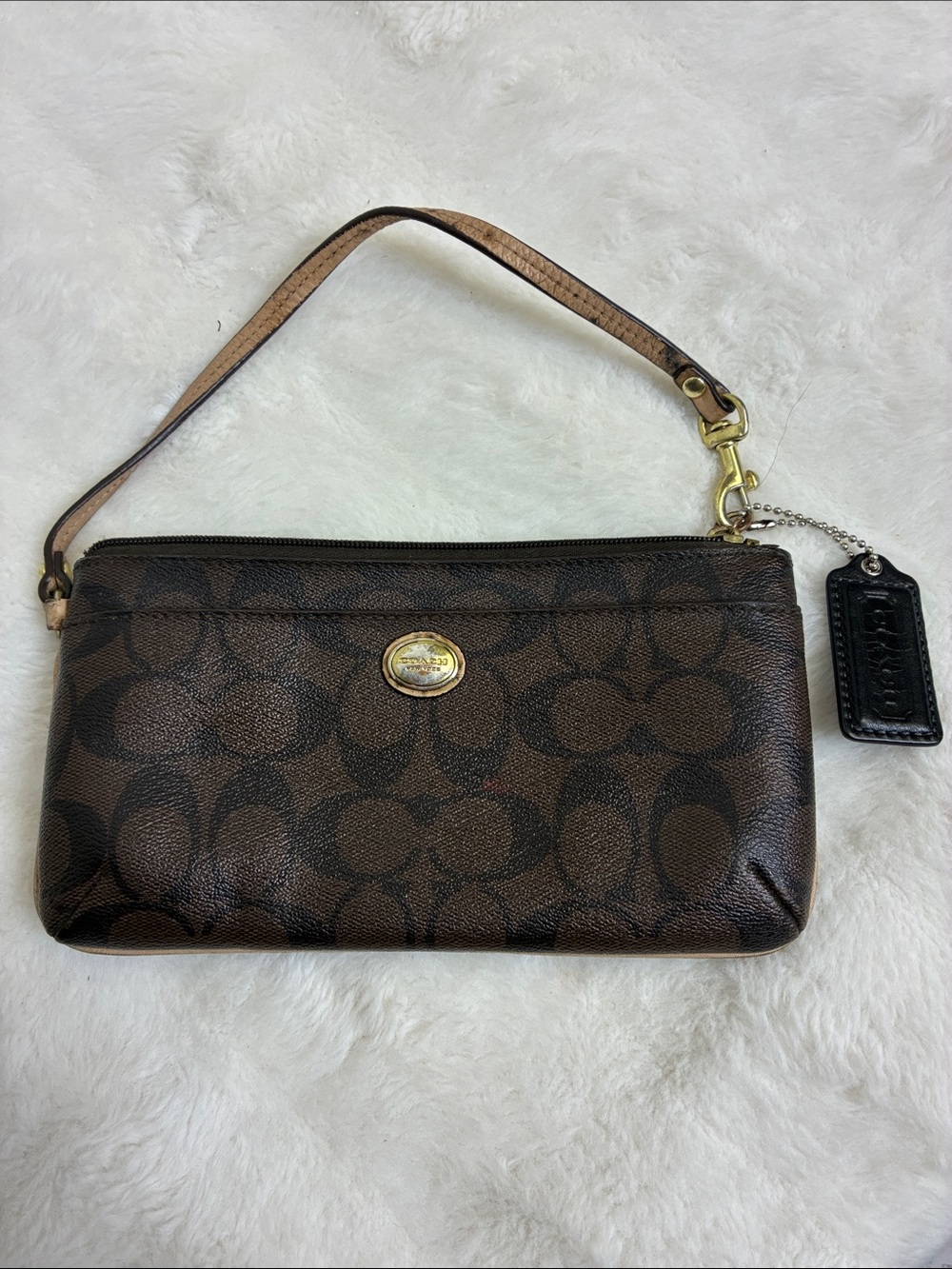 Coach Brown Signature Canvas Wristlet with Gold Hardware